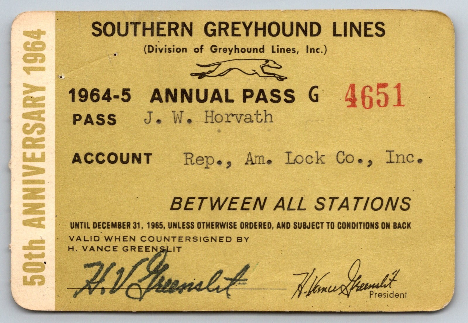 Southern Greyhound Lines 1964-65 50th Anniversary Annual / Yearly Bus Pass #4651
