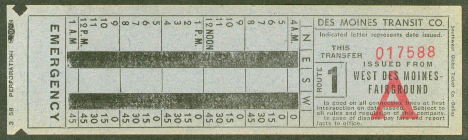 Des Moines Transit bus transfer 1958 Fairground