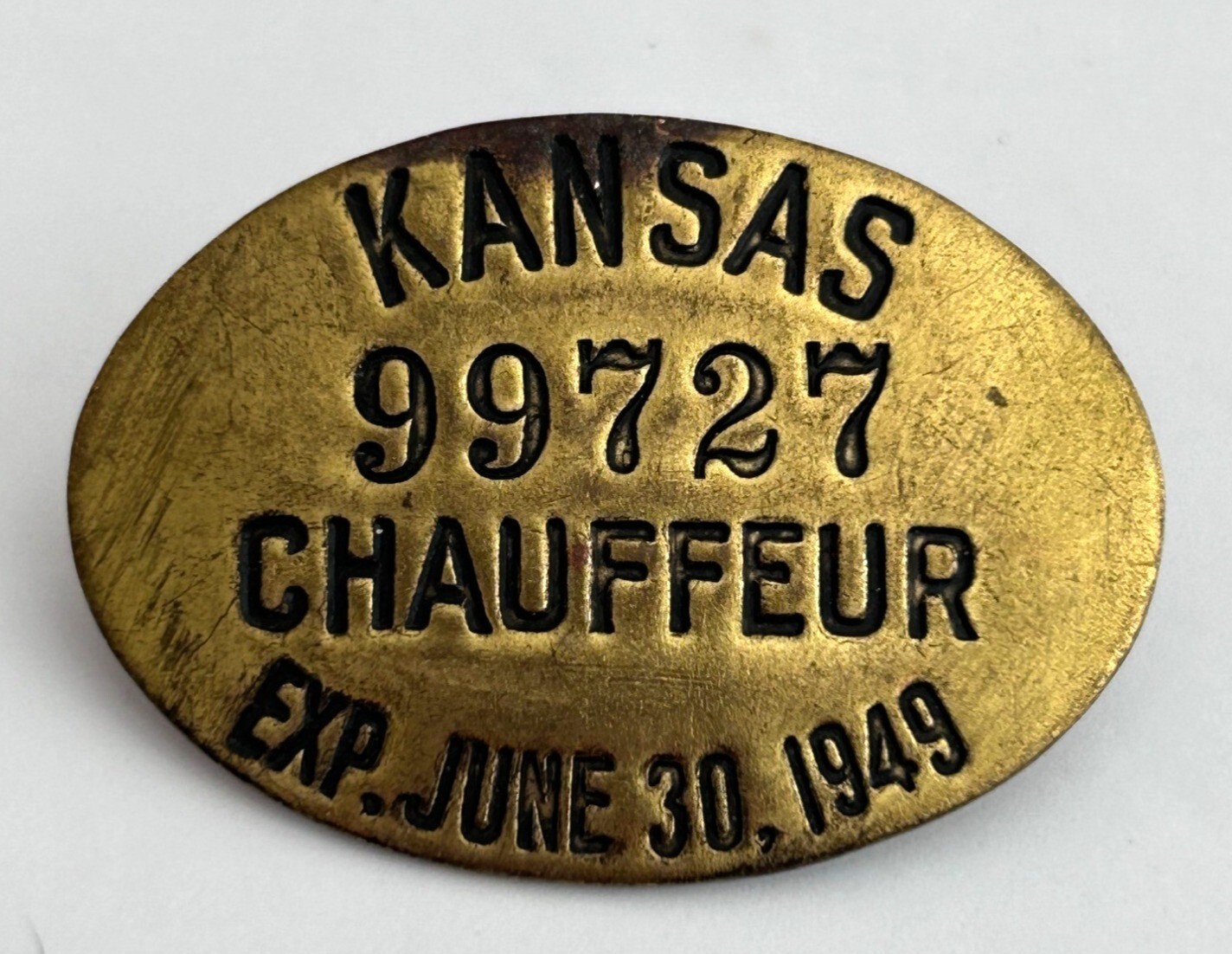 Vintage Kansas Chauffeur Driver License Badge 99727 Exp. 1949 Brass Oval Pinback