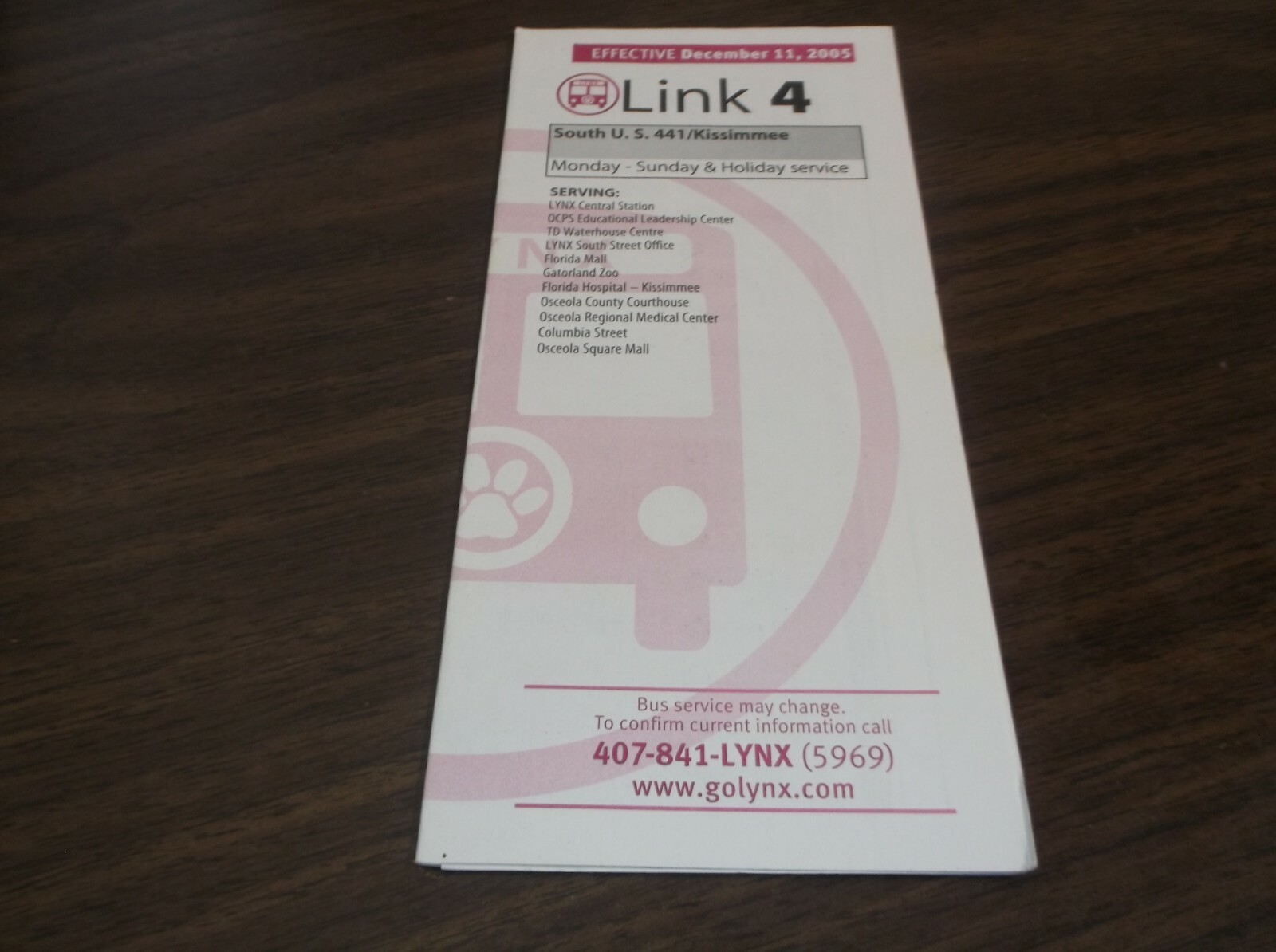 DECEMBER 2005 KISSIMMEE FLORIDA LYNX LINK 4 PUBLIC TIMETABLE