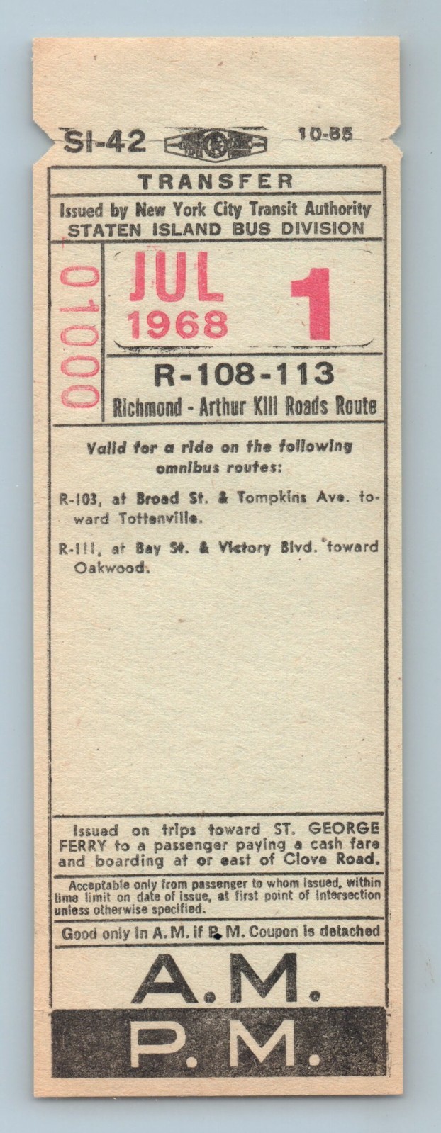 Bus Ticket NYCTA Staten Island R-108-113 Richmond – Arthur Kill Jul 1 1968 SI-42