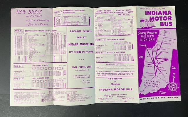 1963 Indiana Motor Bus Timetable Western Michigan Routes Chicago Vintage