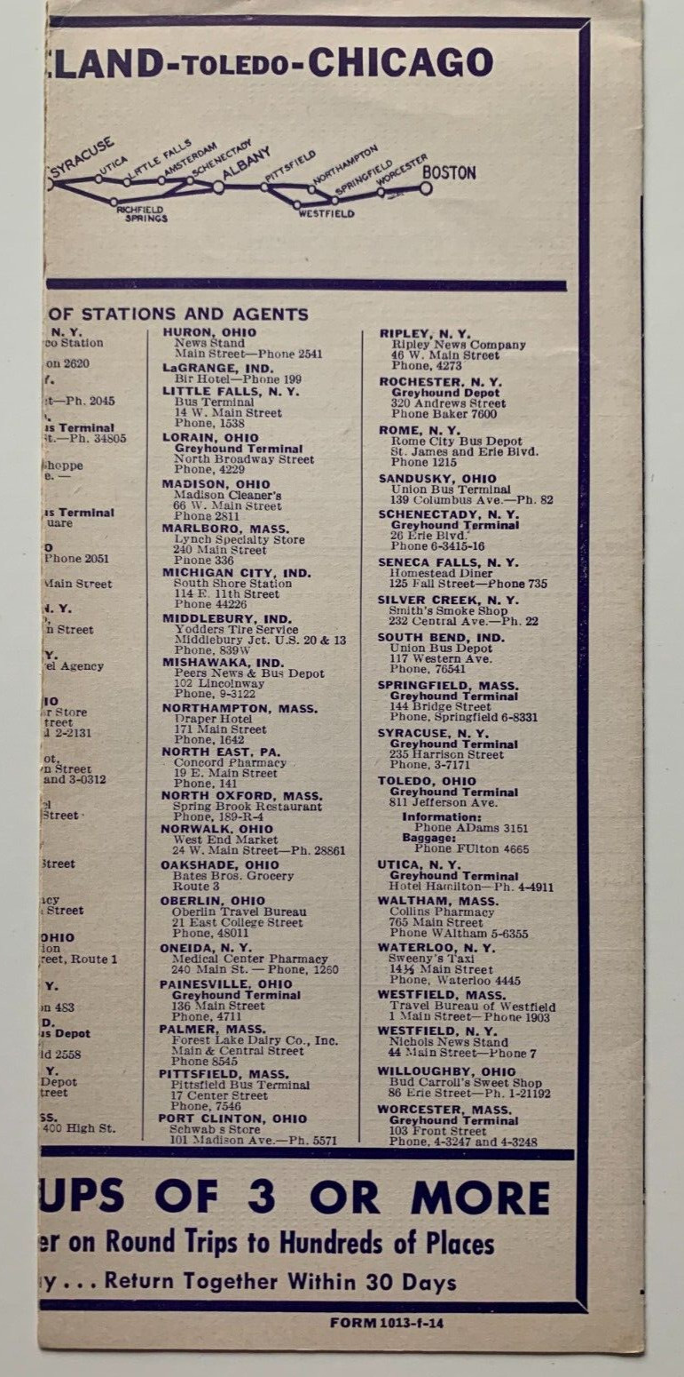 Vintage 1954 Central Greyhound Bus Timetable Brochure Boston Buffalo Chicago
