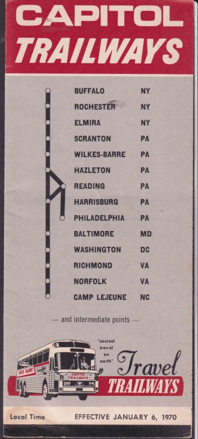 Capitol Trailways Bus Schedule Buffalo-Camp Lejeune route 1/6 1970