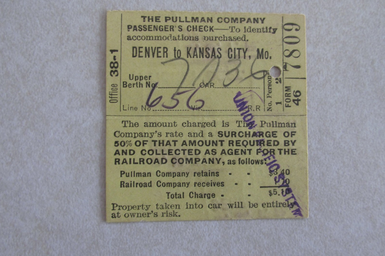 vv238 Vintage Passenger Check Ticket Pullman Company Denver to Kansas City 1925