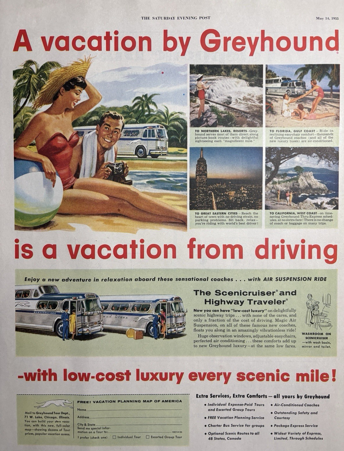 1955 Greyhound Bus Lines Travel Vacation Low Cost Luxury Scenic VTG Print Ad