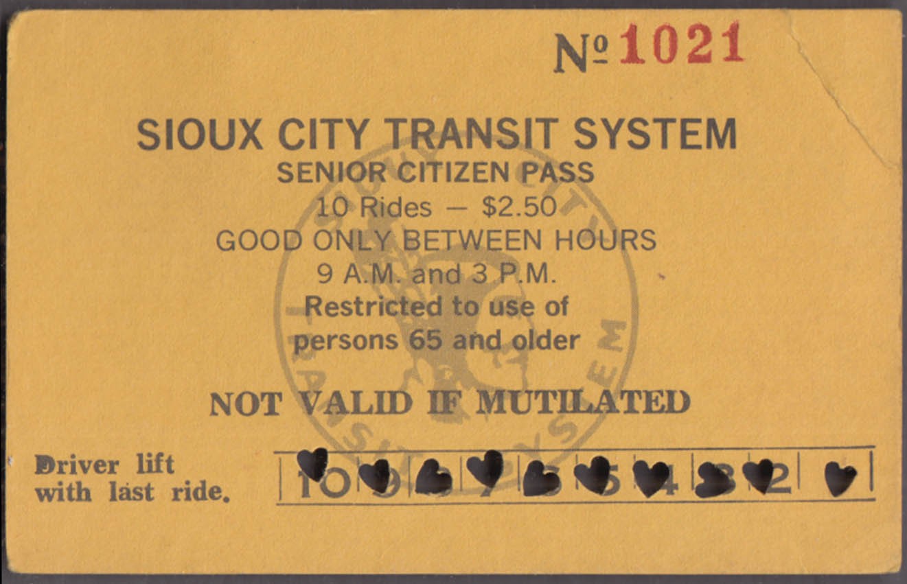 Sioux City Transit System 10-Ride $2.50 Senior Citizen Bus Pass 1970s