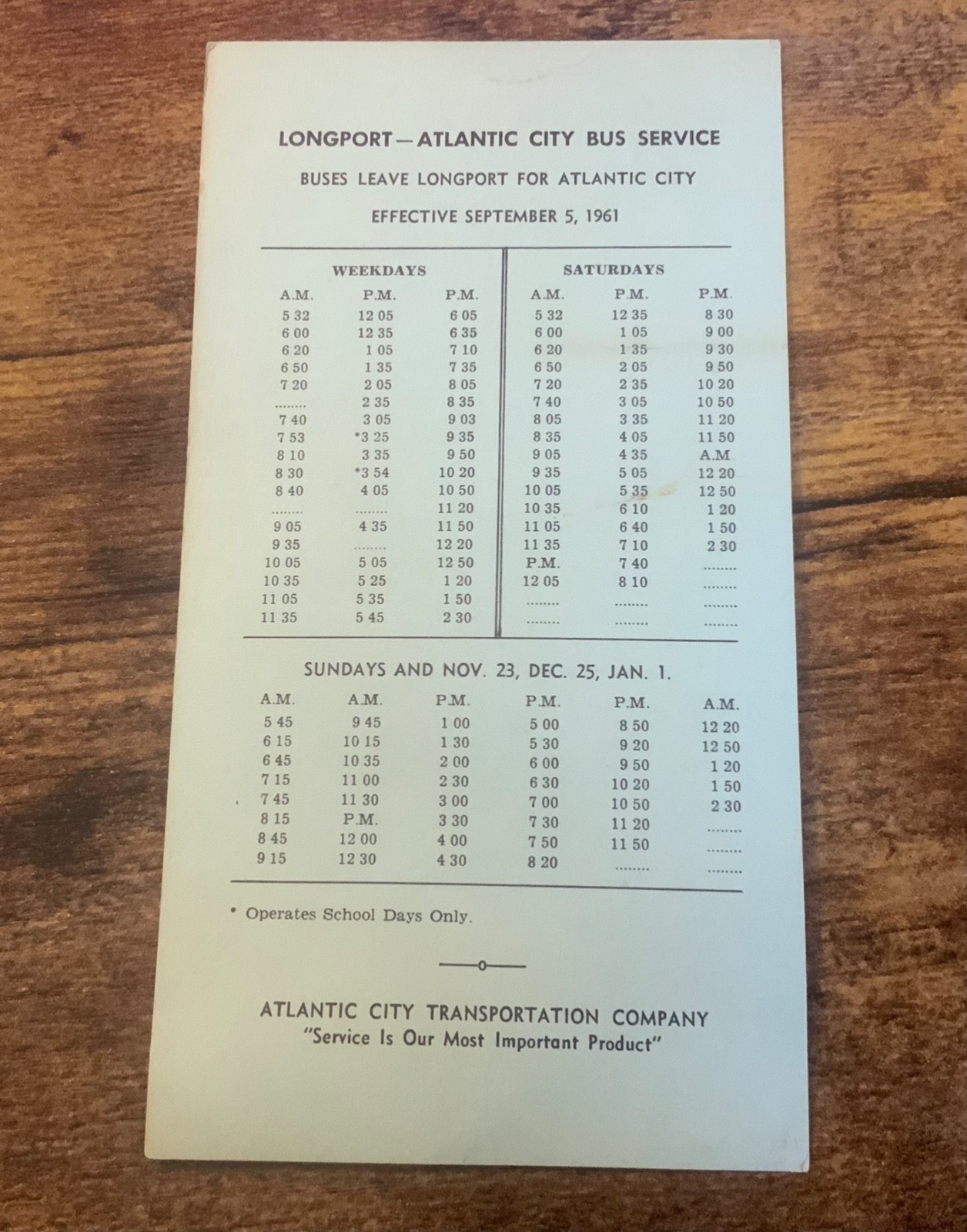 Vintage 1961 Atlantic City NJ Transportation Co Longport Bus Service Time Table