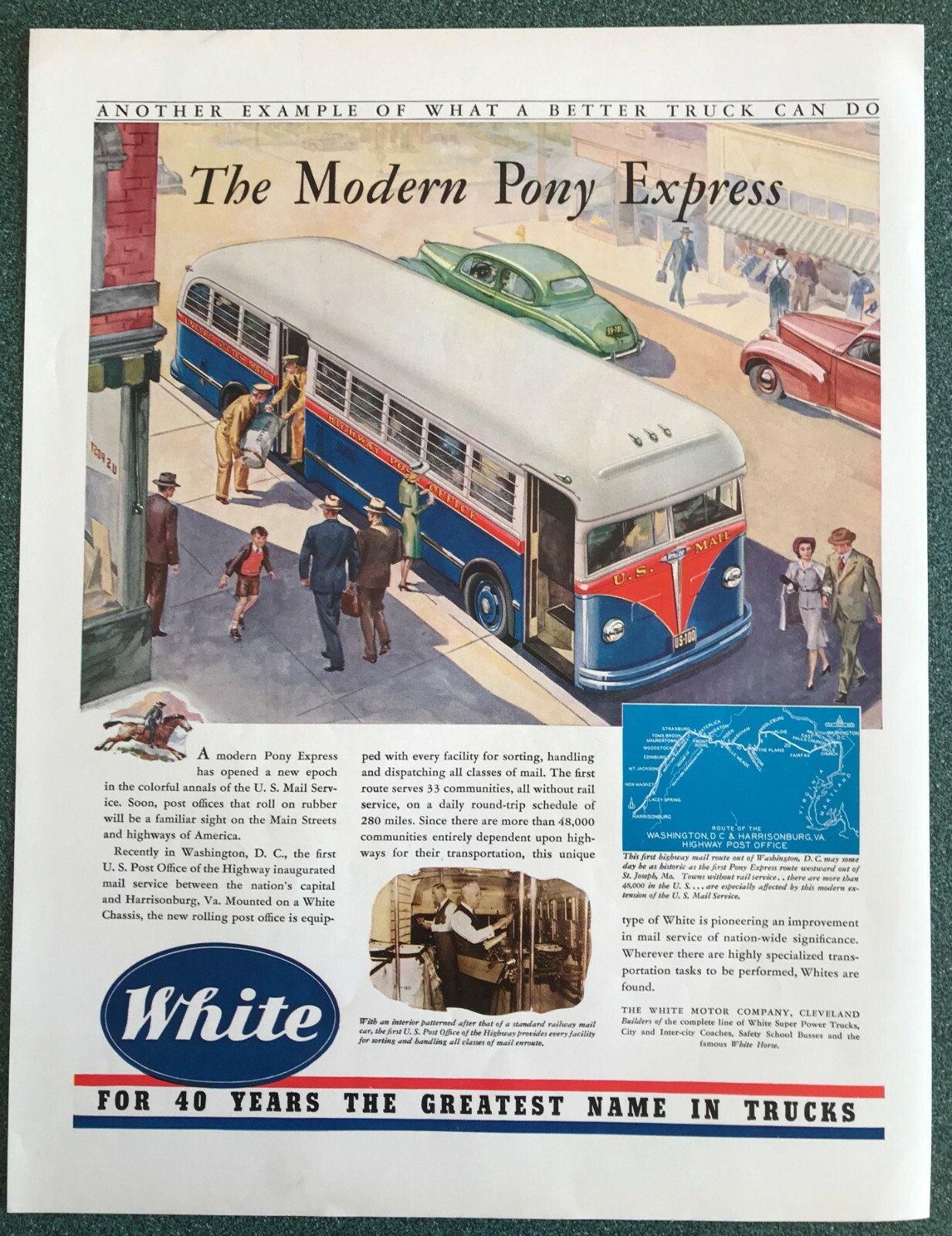 White Bus, The Modern Pony Express Circa 1940s Print Ad