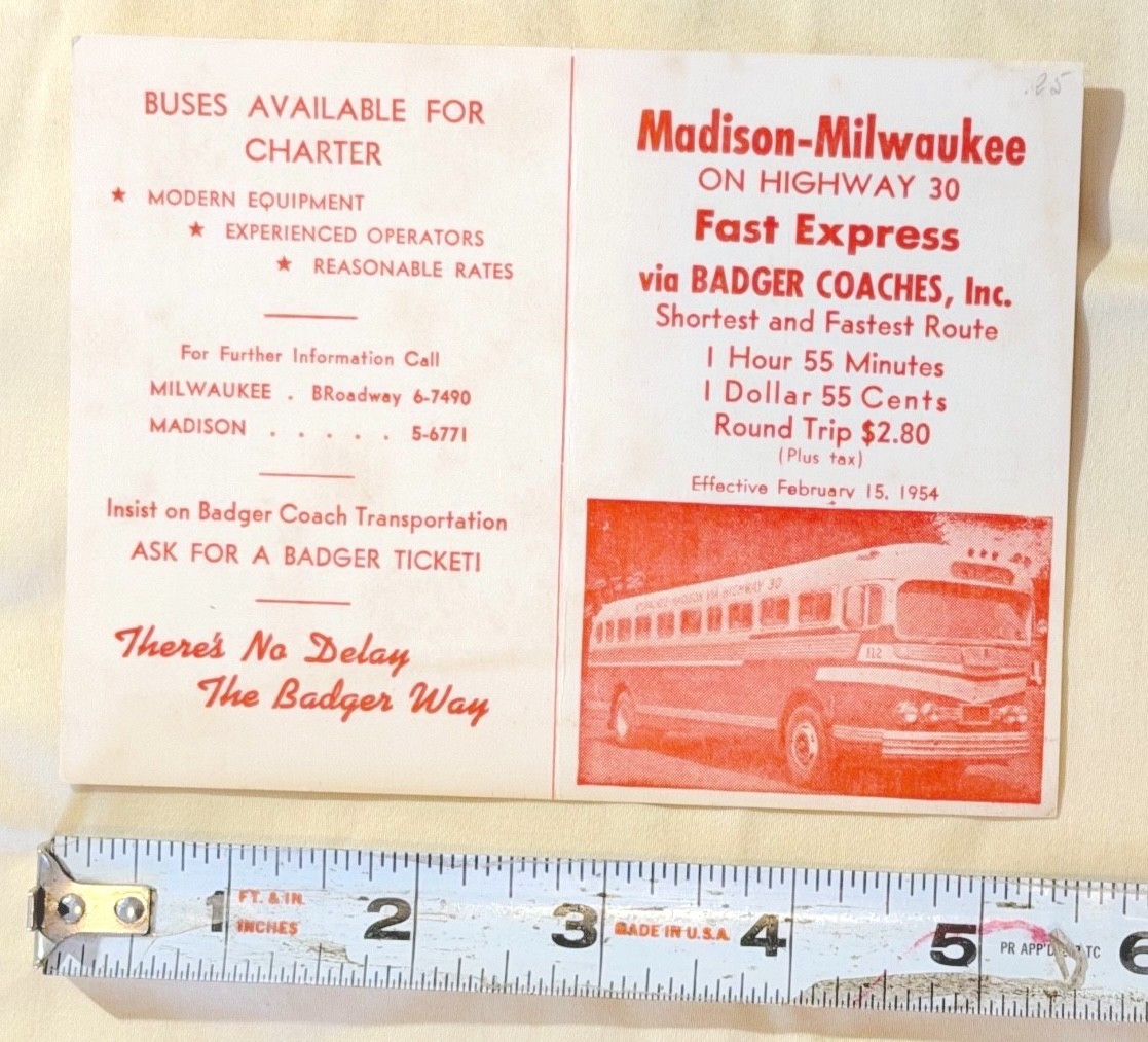 1954 Badger Coaches Madison-Milwaukee Bus Schedule Ad Highway 30 Flxible
