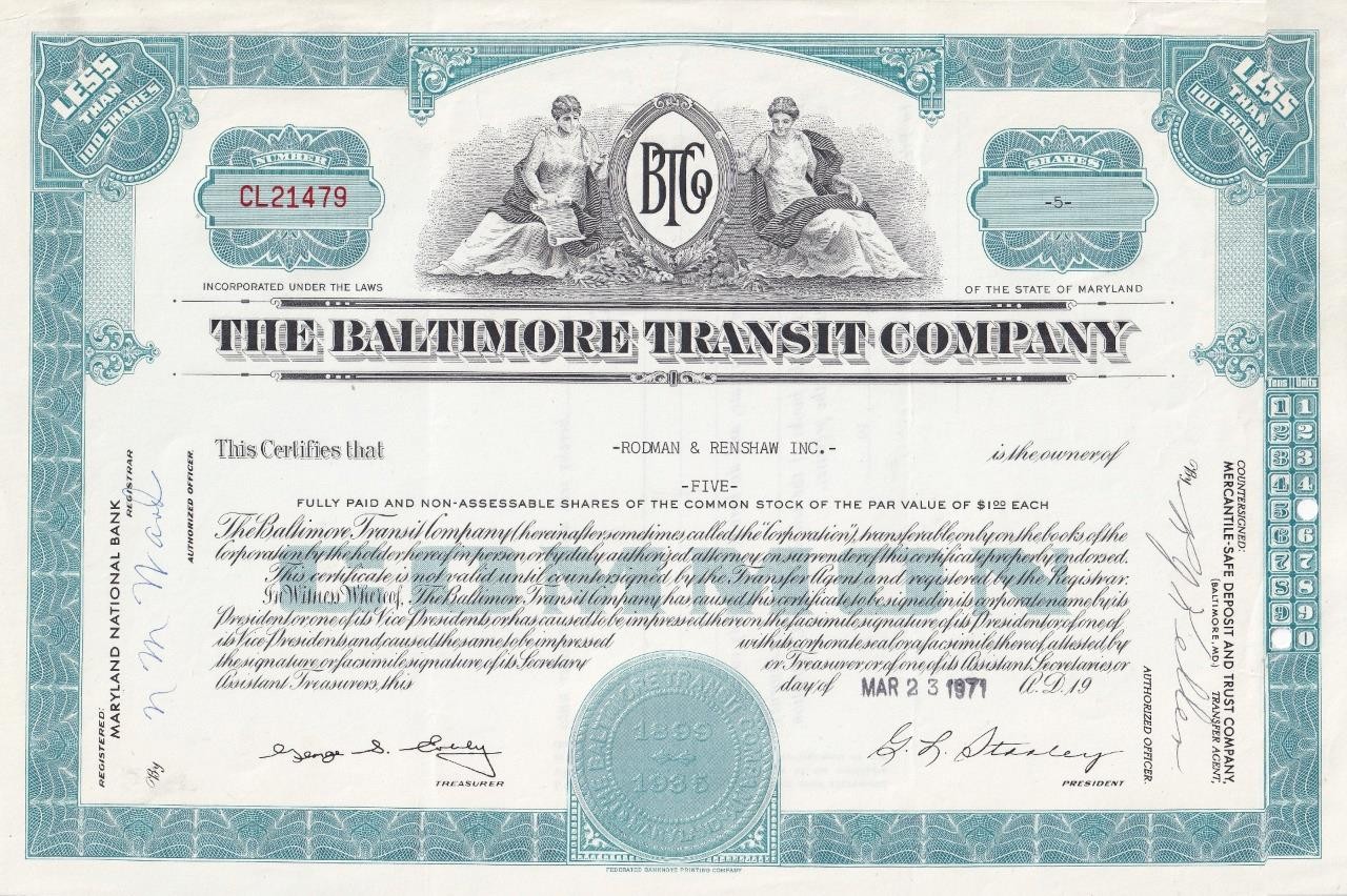 1971 Baltimore Transit Company – common stock certificate