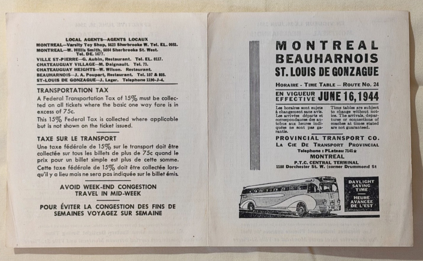 Vintage 1944 Montreal Beauharnois Bus Schedule Provincial Transport Co. WWII Era