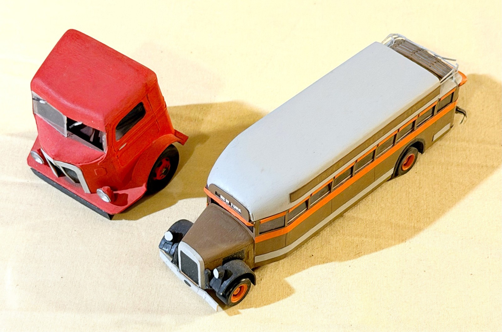 Handmade Vintage Slot Car Models: White COE Truck & 1930s Mack Intercity Bus