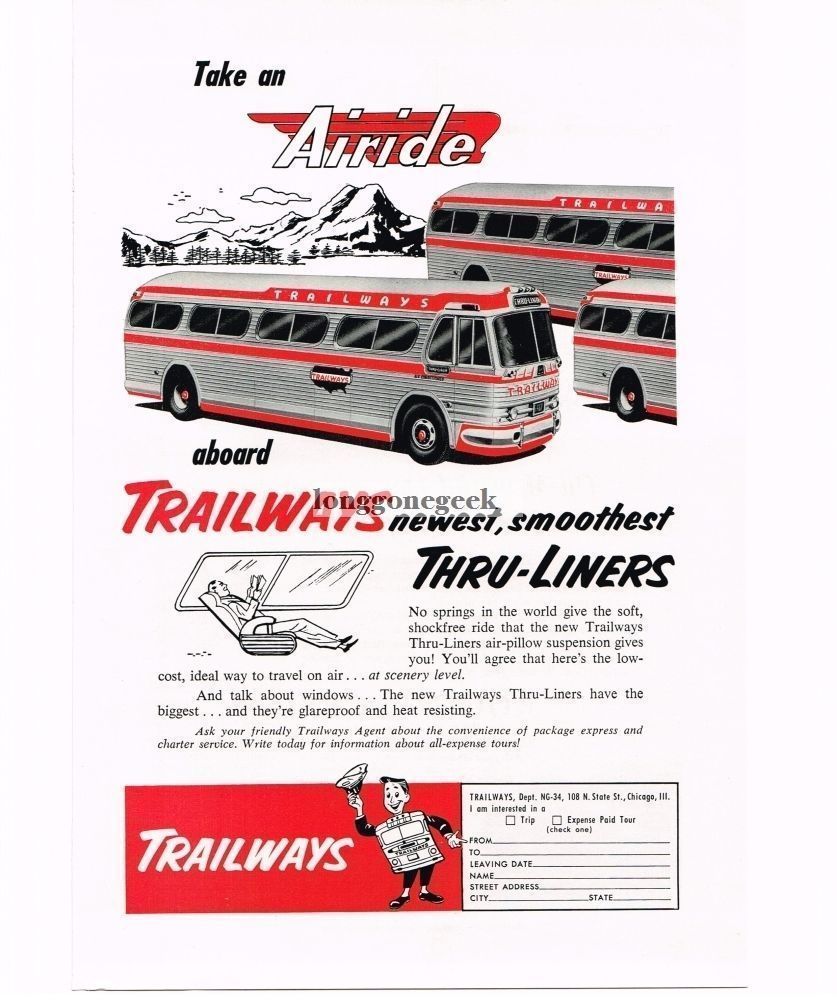 1954 Trailways Buses Newest Smoothest Thru-Liners Vintage Print Ad