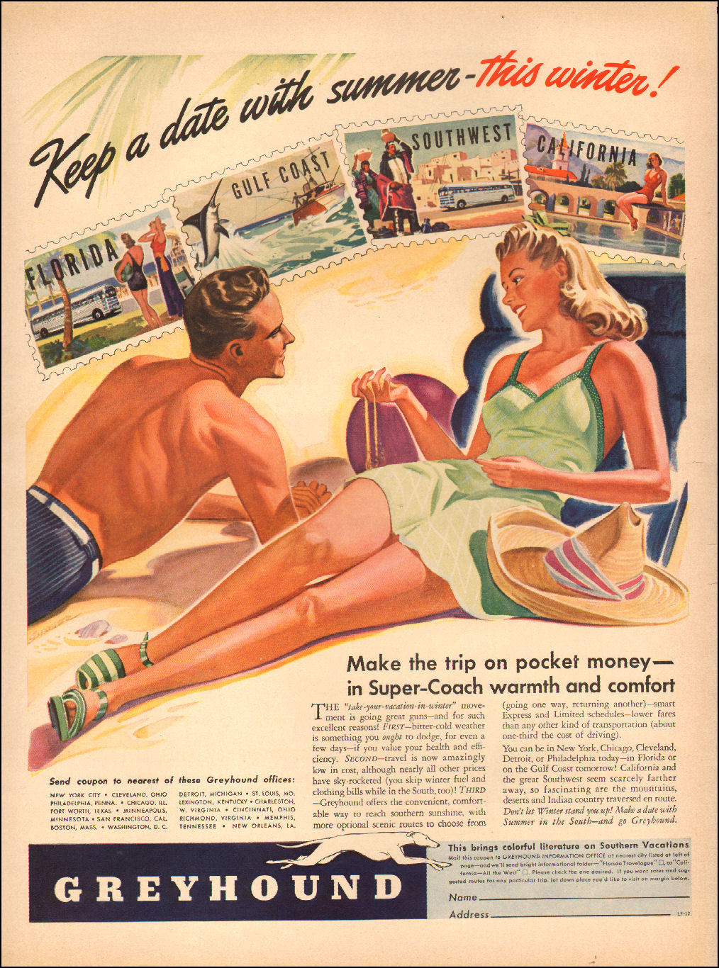 1950s vintage travel AD Take GREHOUND Bus Lines for warm winter vacations 122817