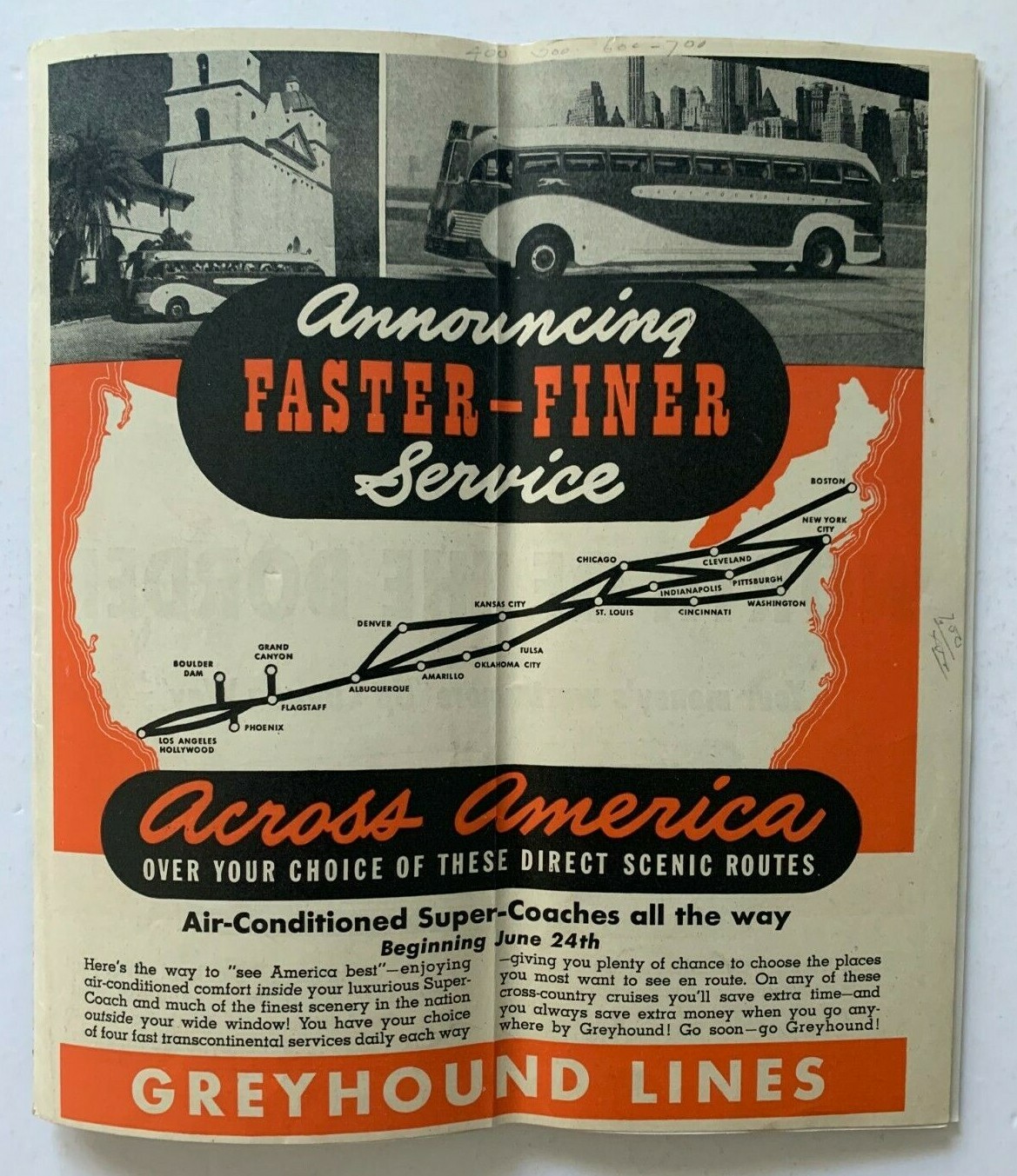 Vintage Summer June 1940 Greyhound Lines Bus Timetable Brochure schedules map