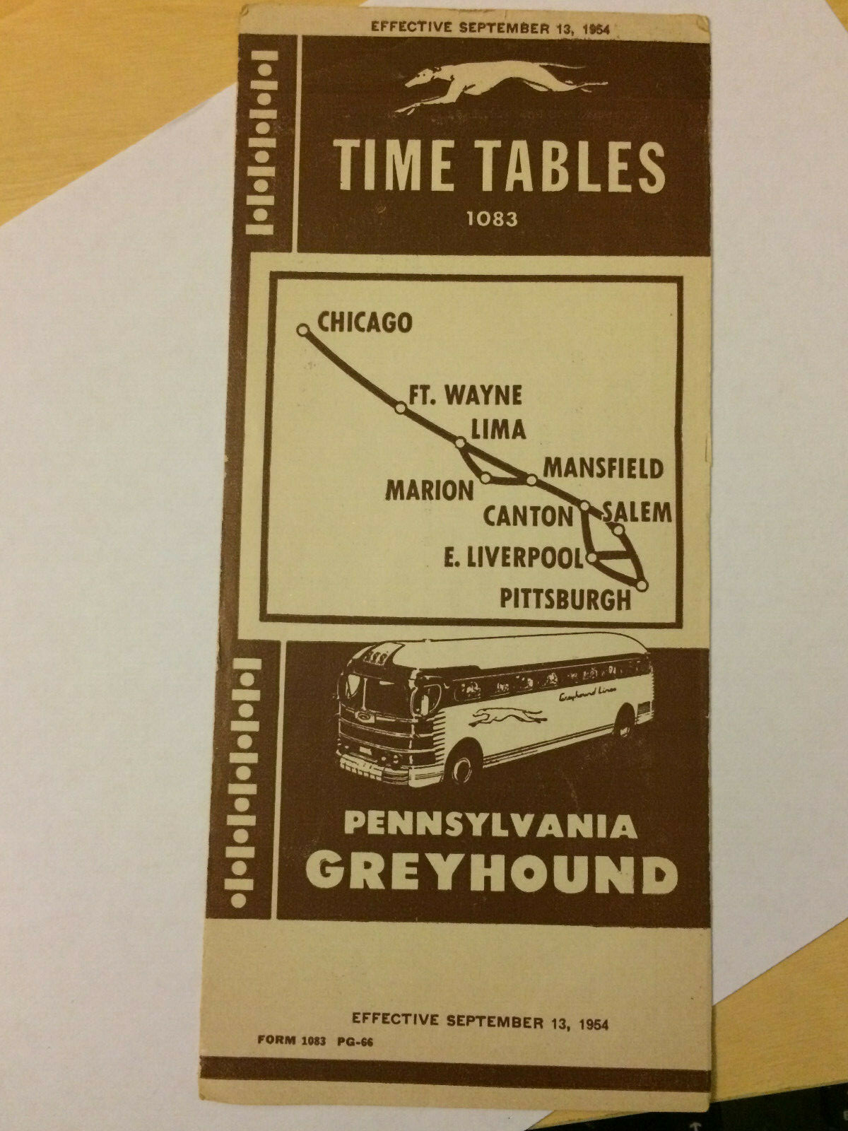 Pennsylvania Greyhound bus timetable, Sept. 13, 1954. Pittsburgh-Chicago, Ohio.