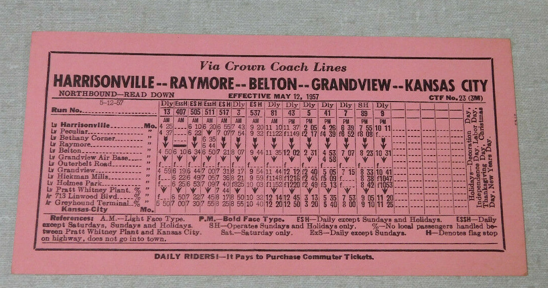 1957 Crown Coach Lines bus time table Kansas City Harrisonville Raymore Belton