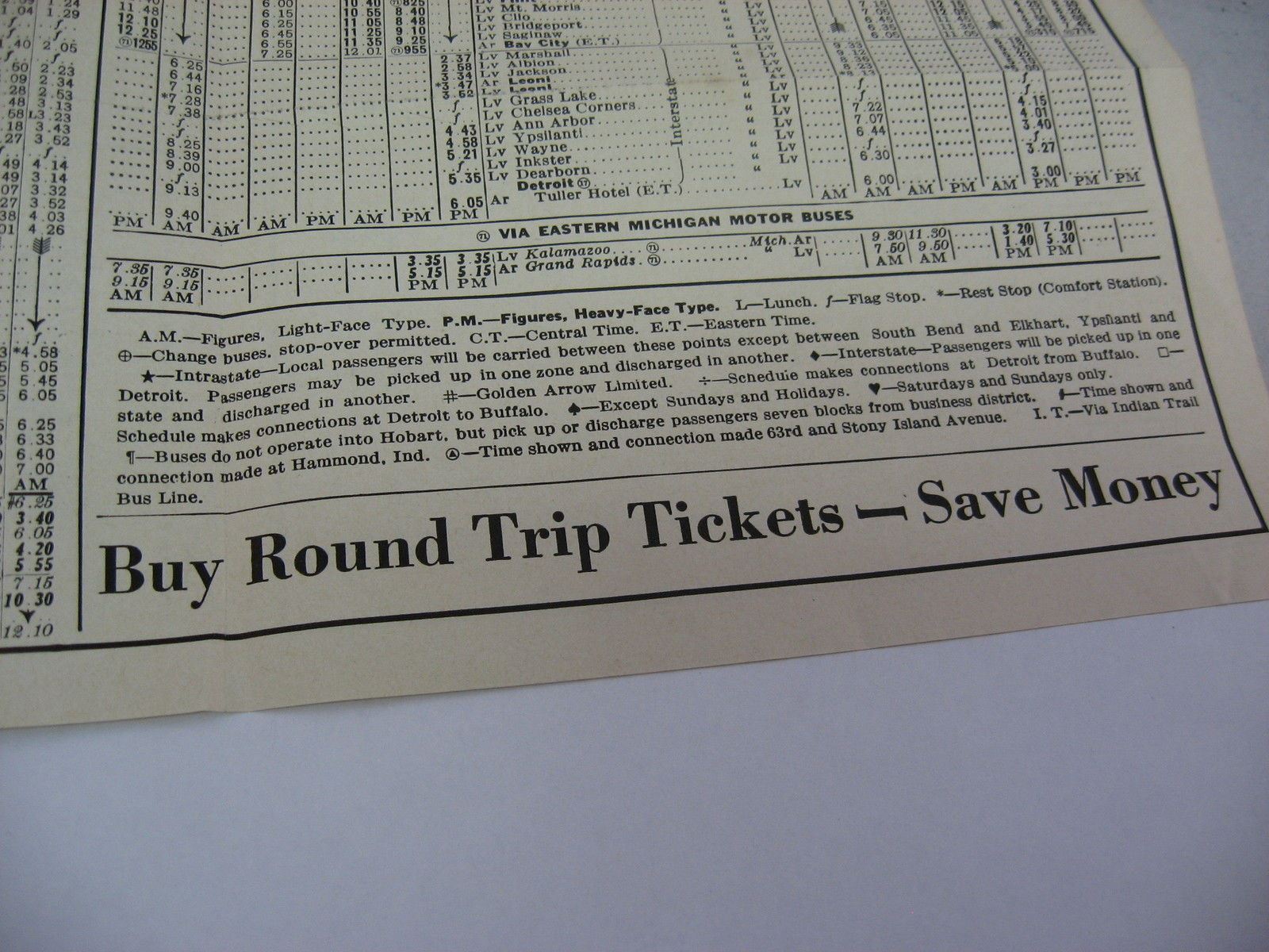 1935 Greyhound Bus Time Table Schedule Chicago Detroit St Louis Flint Bay City