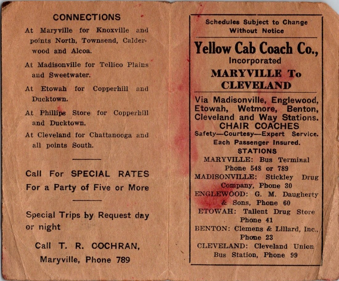 1930 Yellow Cab Coach Co Maryville to Cleveland Tn T R Cochran Schedules Stops