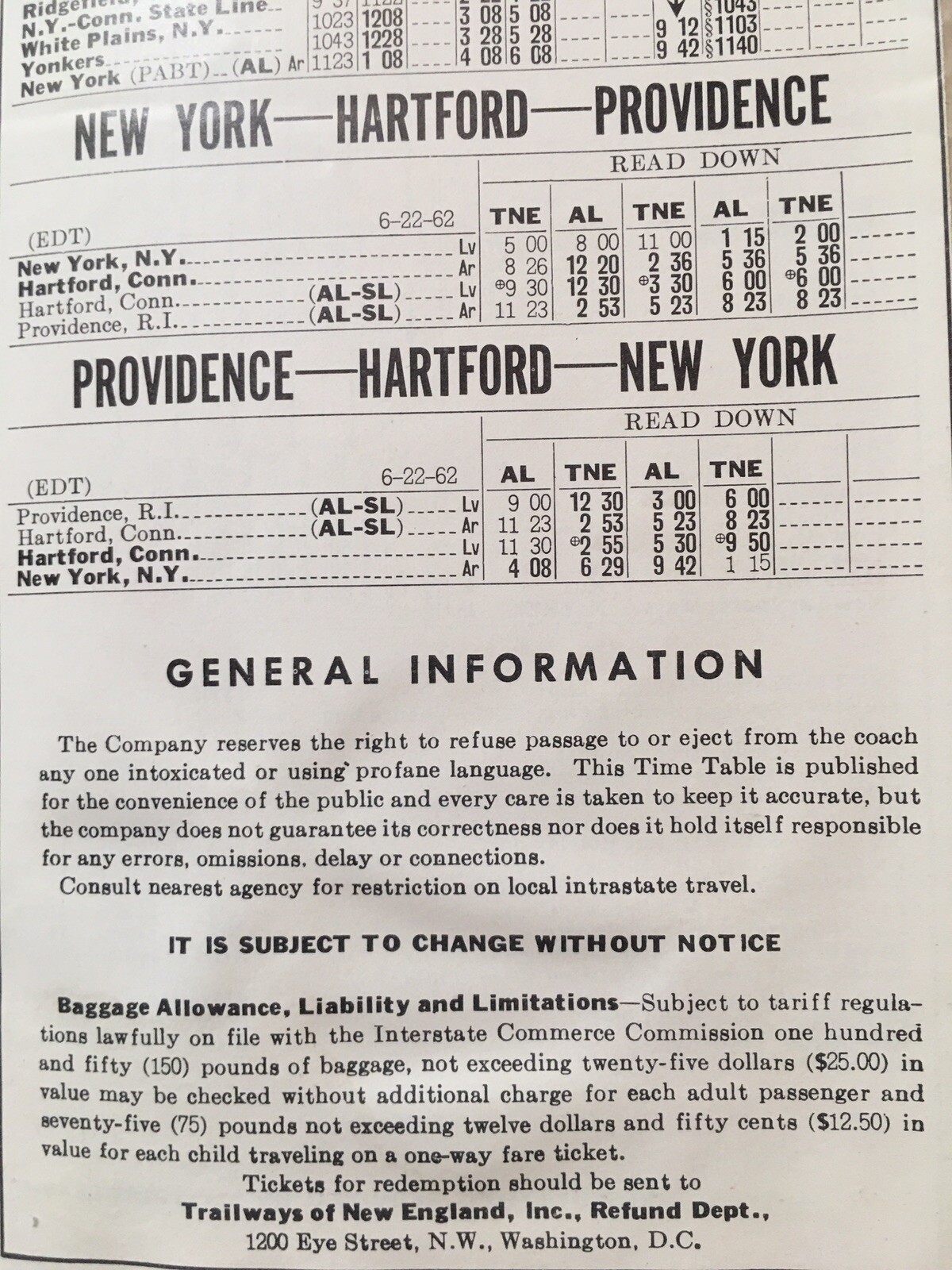 Trailways of New England and New York June 22 1962 Bus Schedule Turnpike Express