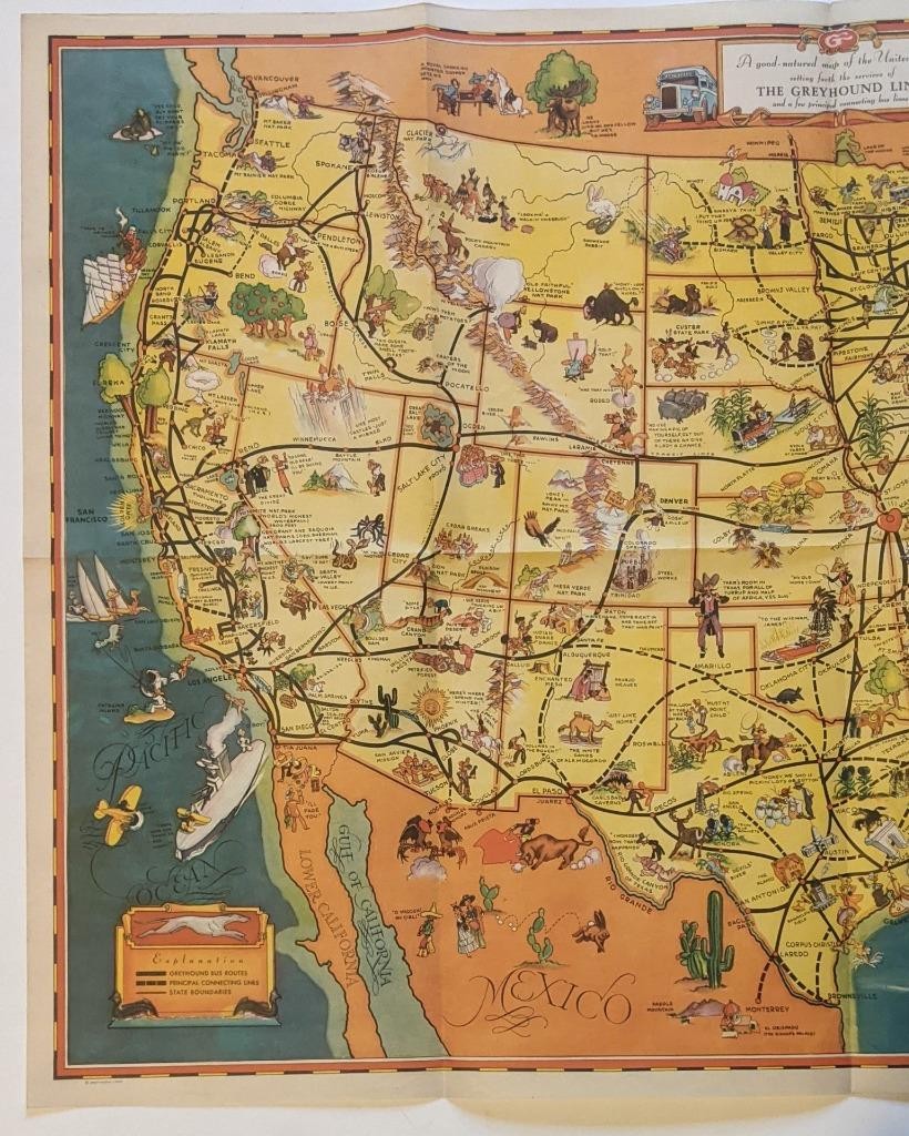 ca. 1935 VINTAGE GREYHOUND BUS LINES PICTORIAL MAP of the UNITED STATES