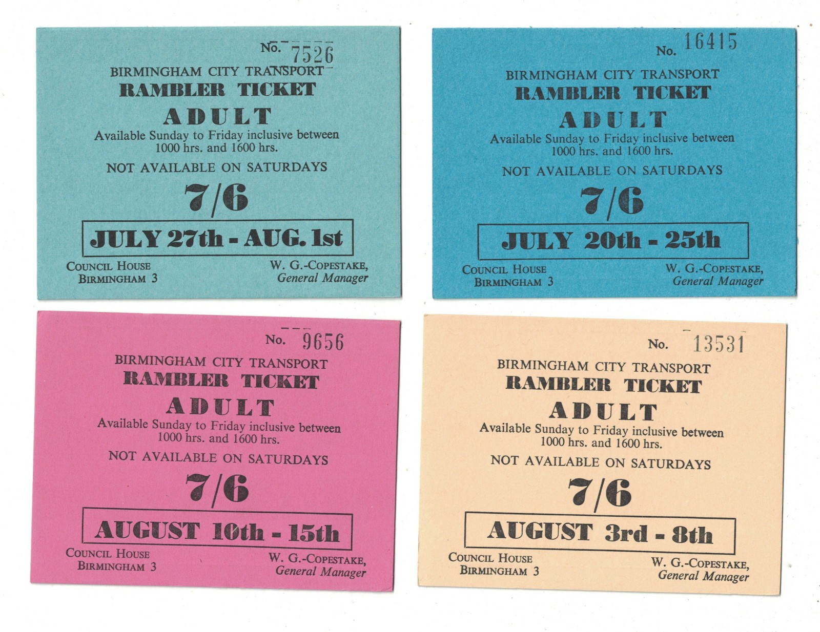 Birmingham City Transport – 4 Child & 4 Adult Rambler Bus Tickets – 1958(?) UK