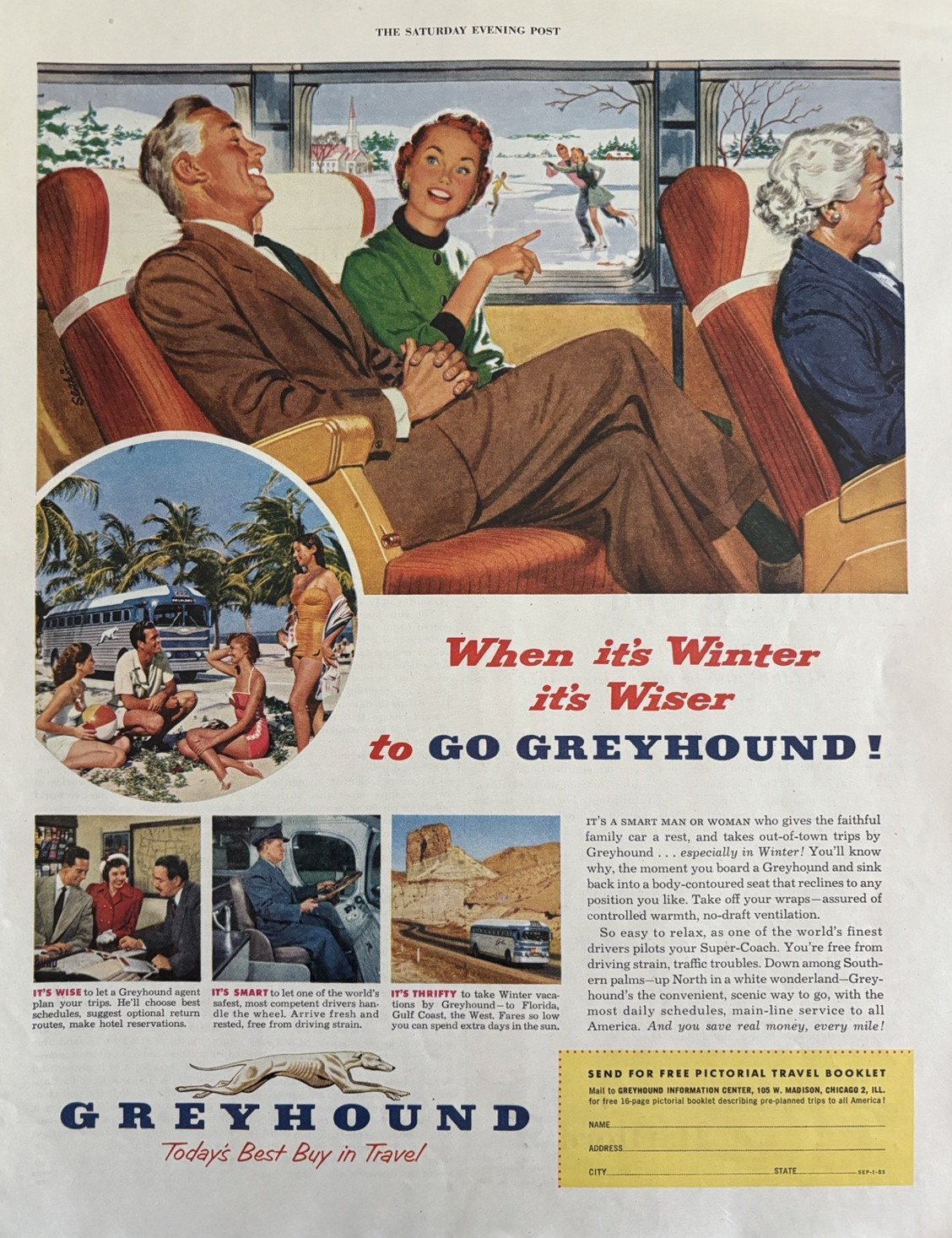 1953 Greyhound Bus Travel Winter Wiser Best Buy Super coach VTG Print Ad