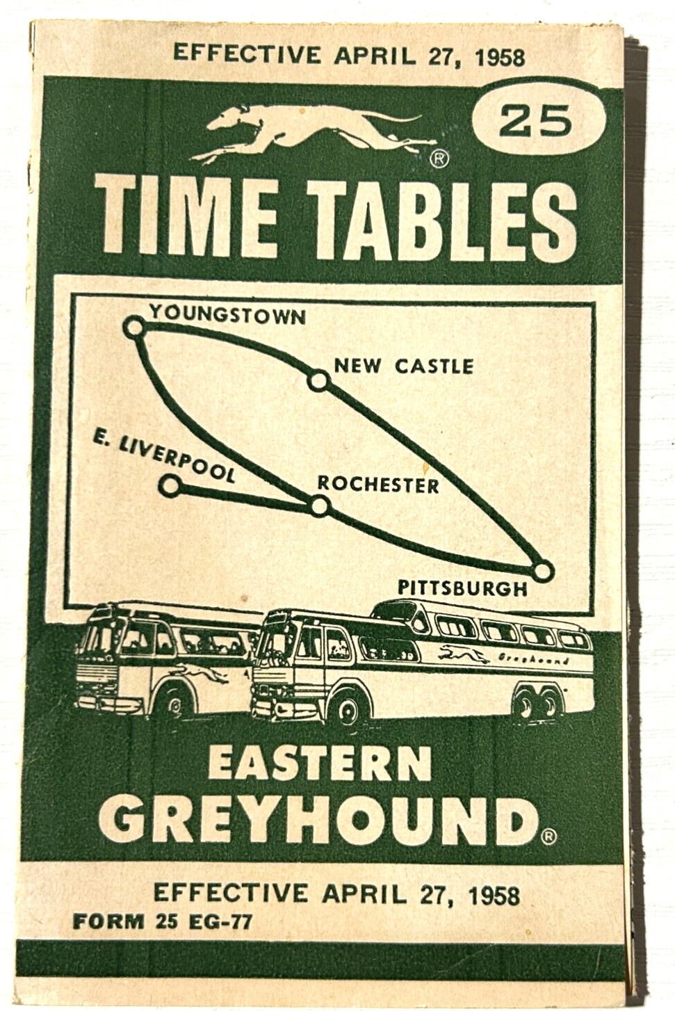1958 Mini Greyhound Bus Timetable Pittsburgh Rochester Liverpool PA