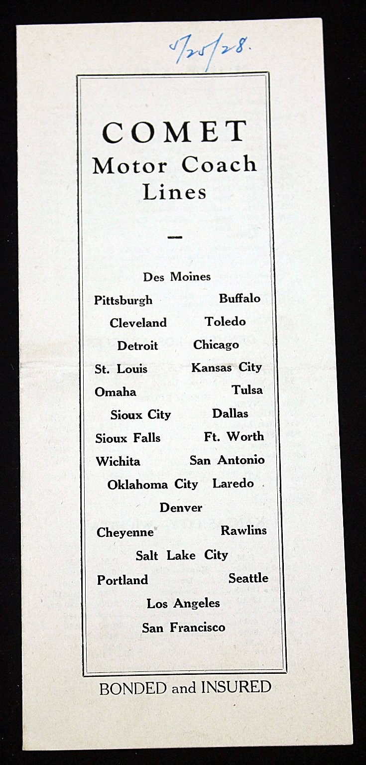 Comet Motor Coach Lines Timetable Schedule May 25, 1928 Midwestern US Routes