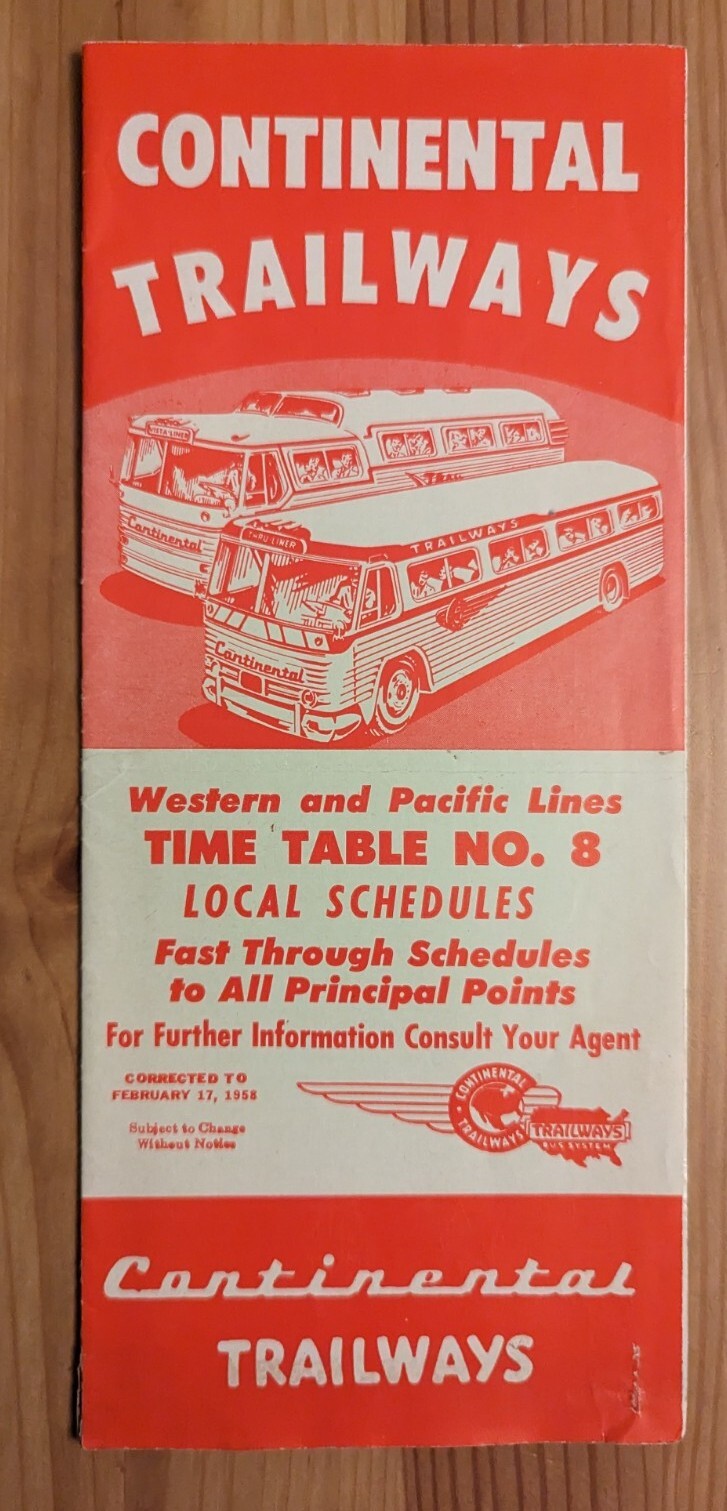 Vintage 1958 Continental Trailways Time Table No. 8 Western And Pacific Lines