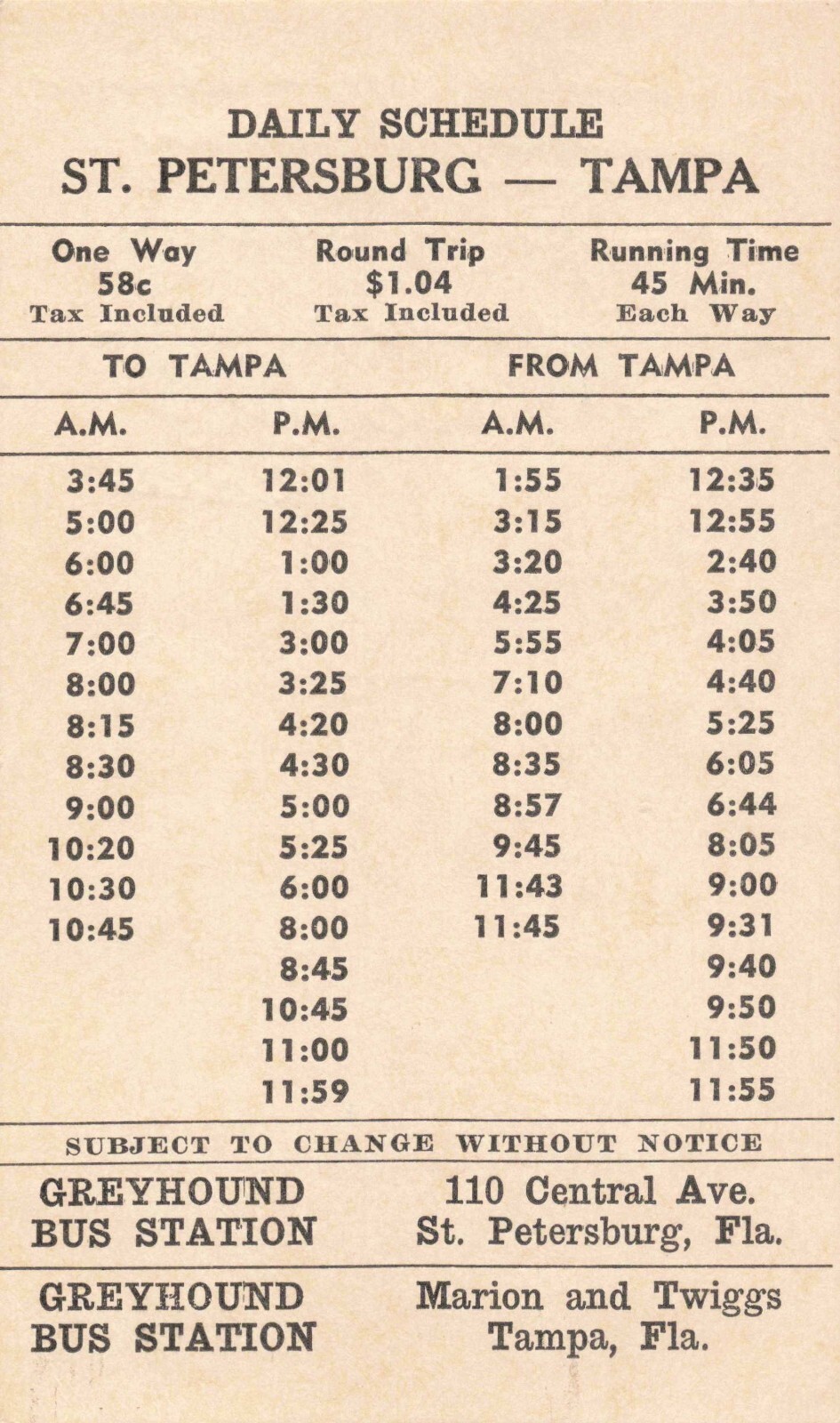 Greyhound Bus Schedule St. Petersburg to Tampa Florida 1954 MacDill Base P113
