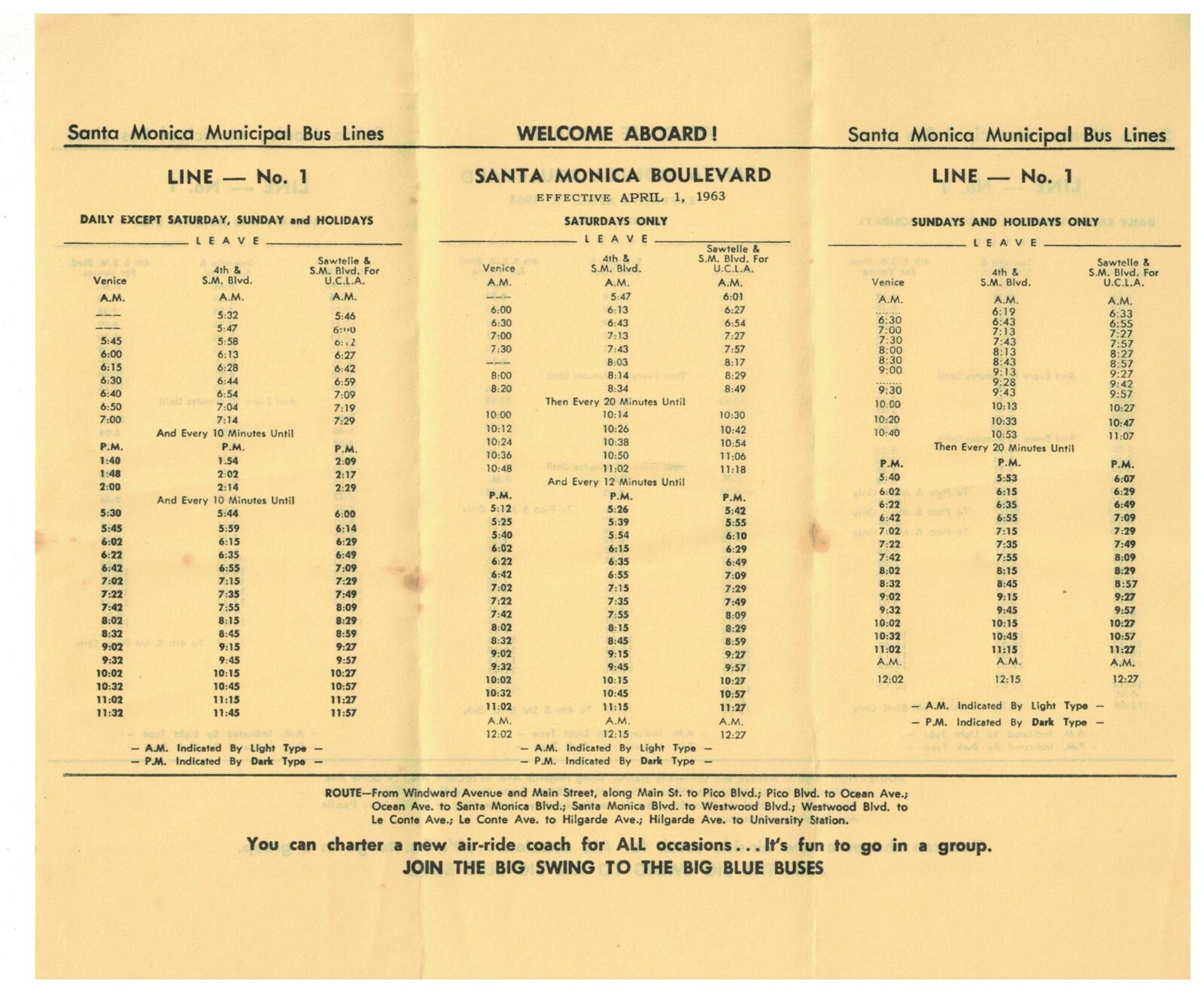 1963 Santa Monica CA Bus Schedule Route No. 1