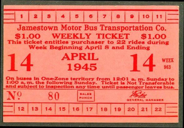 Jamestown Motor Bus Weekly tcket 1945 NY