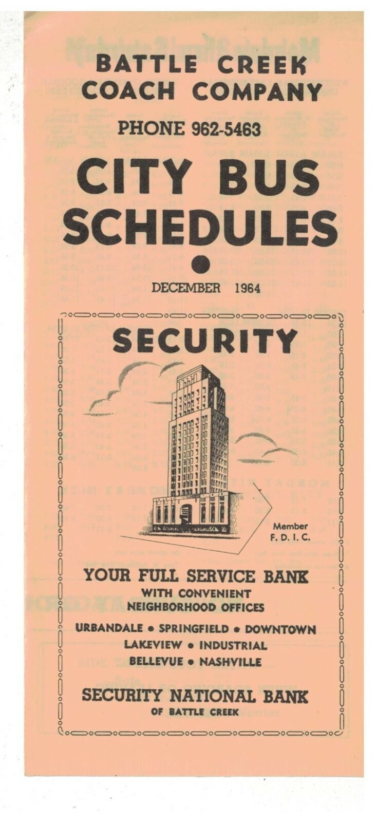 1964 Battle Creek MI City Bus Schedule
