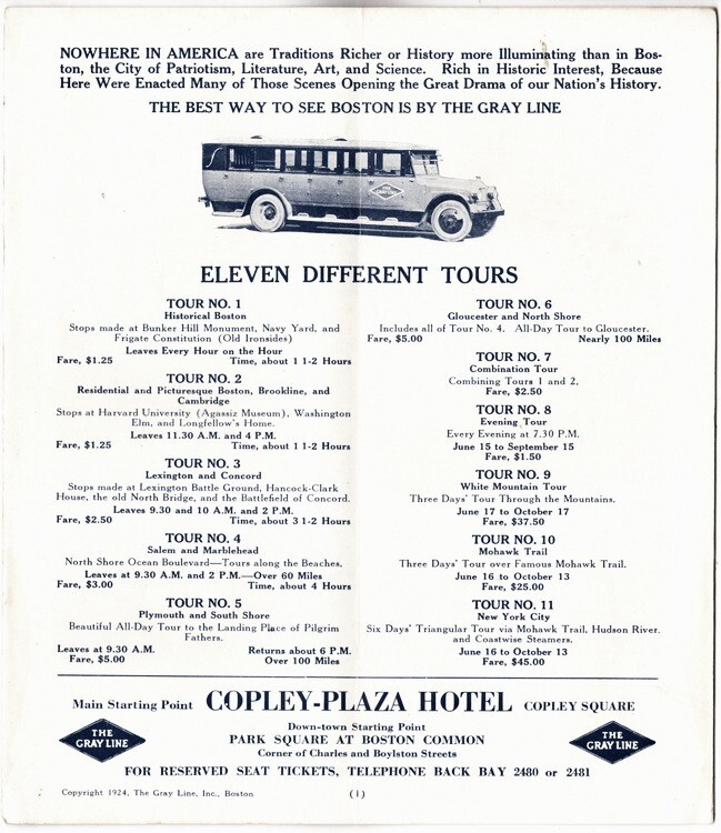 1924 Gray Line Boston Motor Tour Travel Guide with Centerfold Map