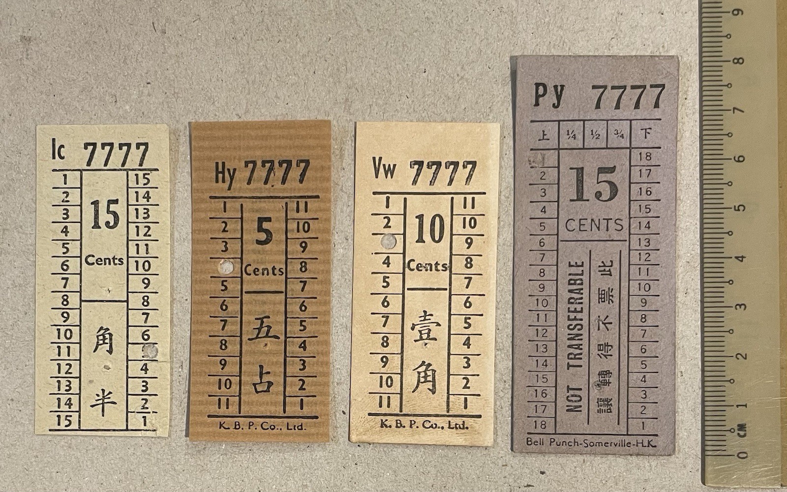 old Singapore Bus Tickets x 4 with No. 7777 – Green Bus Co. & Paya Lebar bus