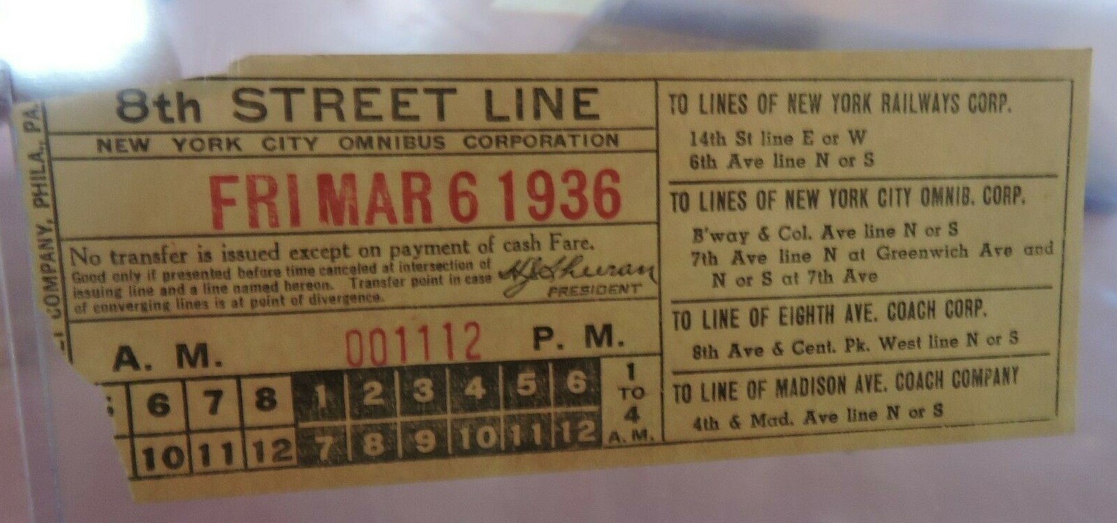 1936 New York City Omnibus Bus Transfer Ticket 8th Street Line