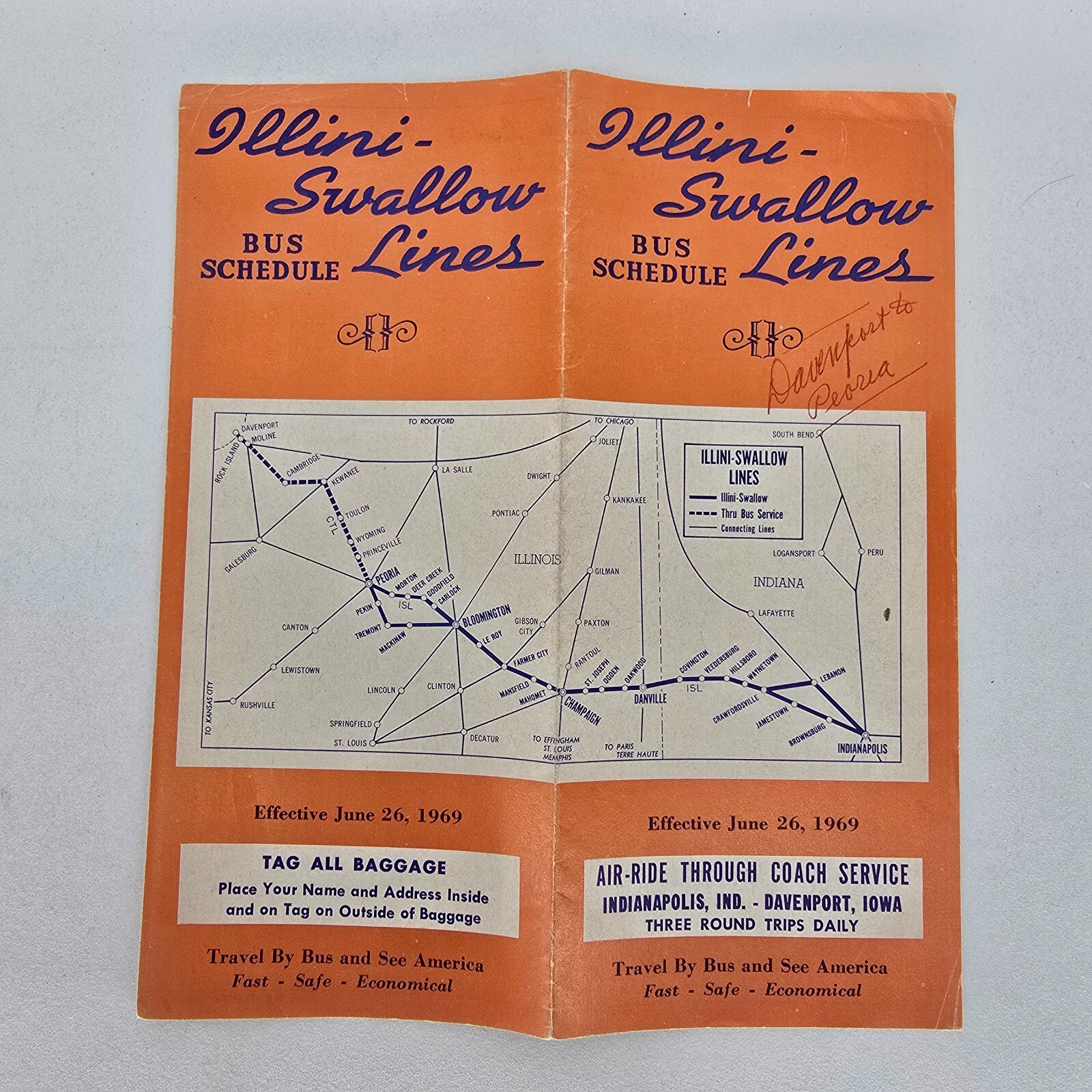 1969 Illini Swallow Bus Lines Timetable Schedule Brochure Illinois Indiana