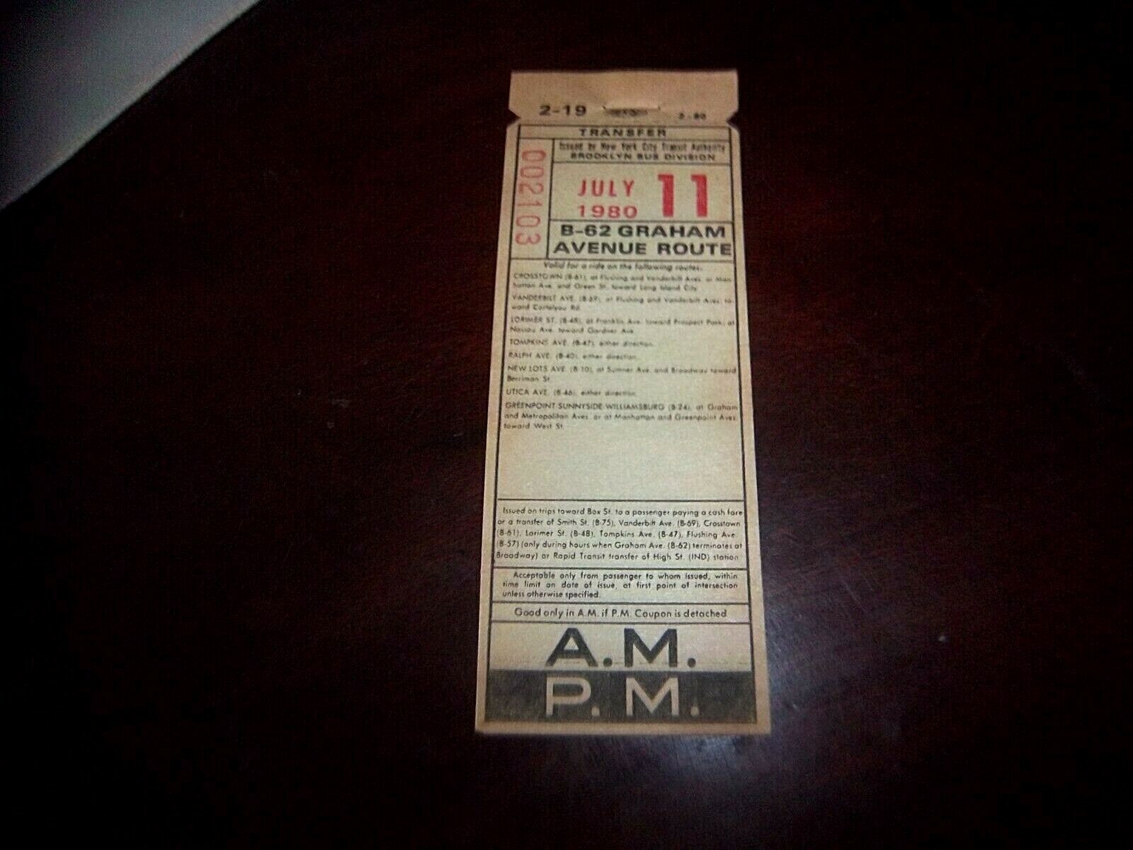 NYC NY BROOKLYN BUS TRANSFER 1980 GRAHAM AVENUE GREENPOINT WILLIAMSBURG NEW LOTS