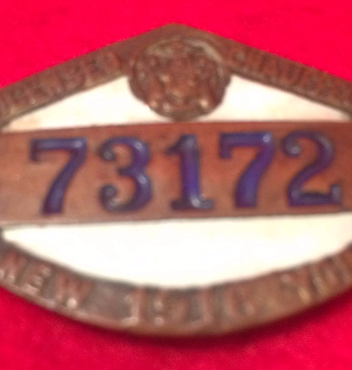 VINTAGE 1916 NEW YORK LICENSED CHAUFFEUR PIN BADGE # 73172 Enameled Brass