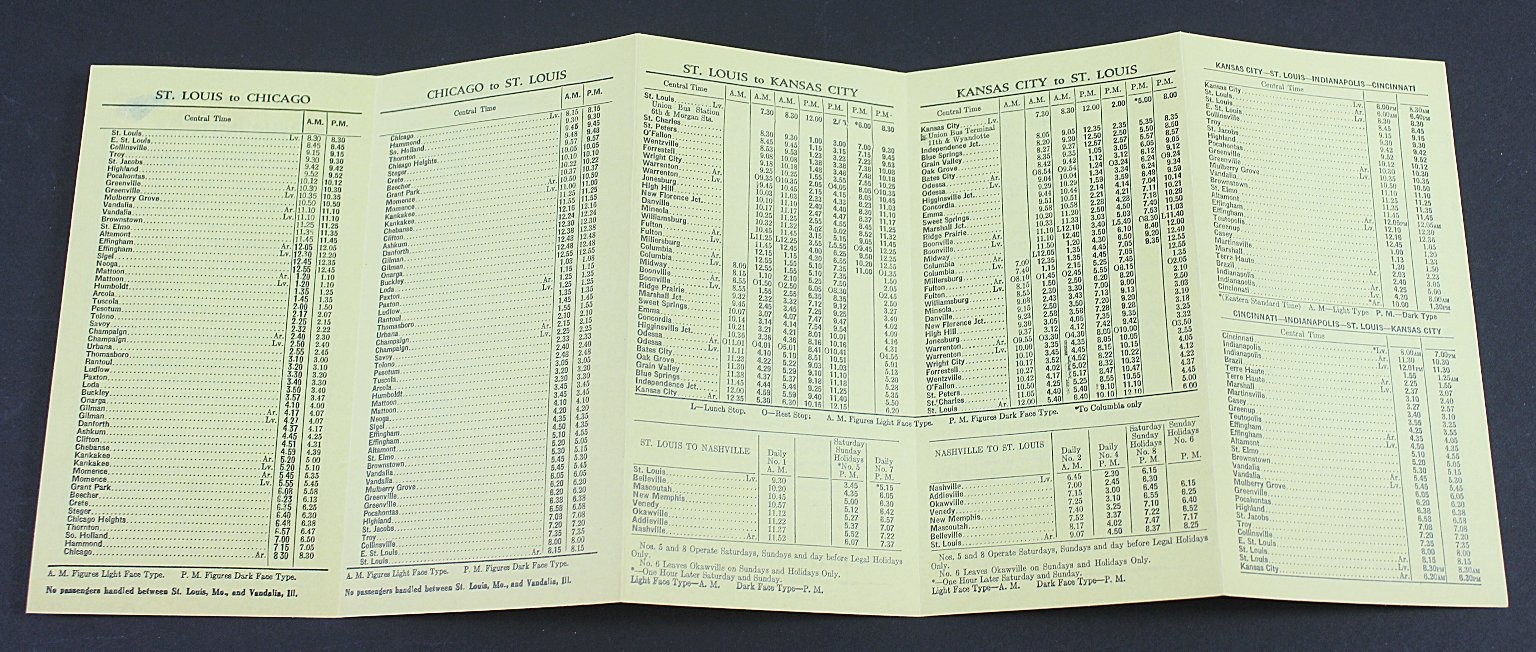 Greyhound Lines Purple Swan Division Time Table St. Louis to Chicago Dec 1 1927