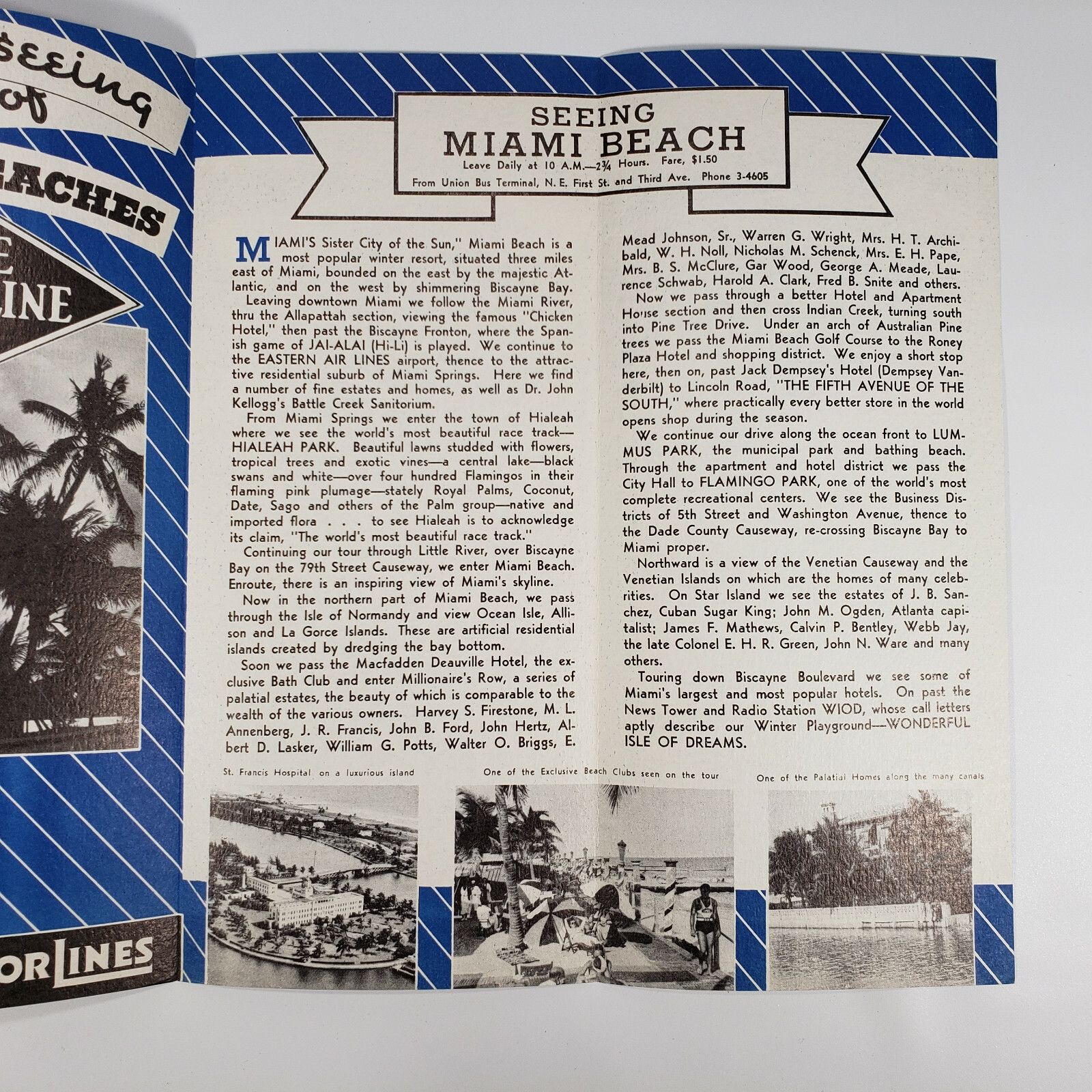 1940s Florida Motor Lines Travel Brochure Miami Palm Beach Bus Tours Gray Line