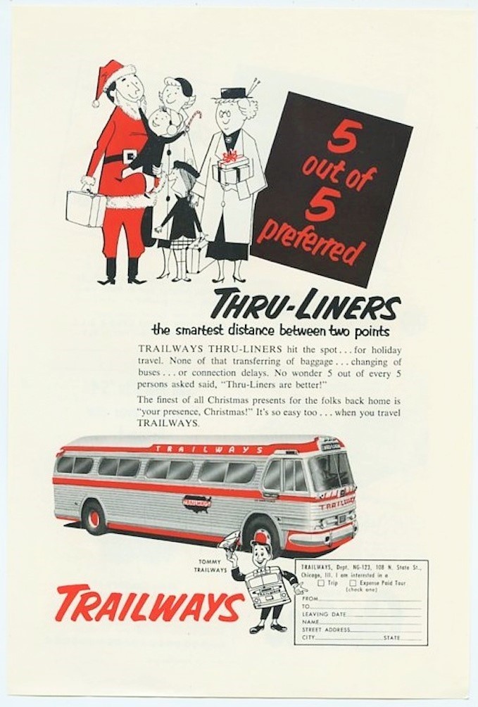 Trailways Thru Liners No Transfer of Baggage No Changing Buses 1953 Vintage Ad