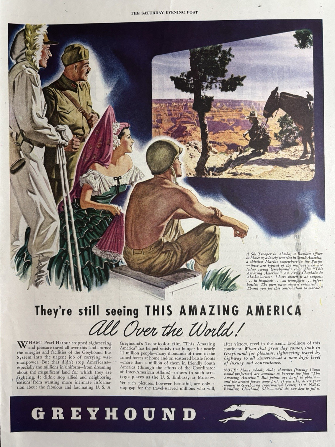 1944 Greyhound Bus Amazing America WWII Ski Trooper Travel World VTG Print Ad
