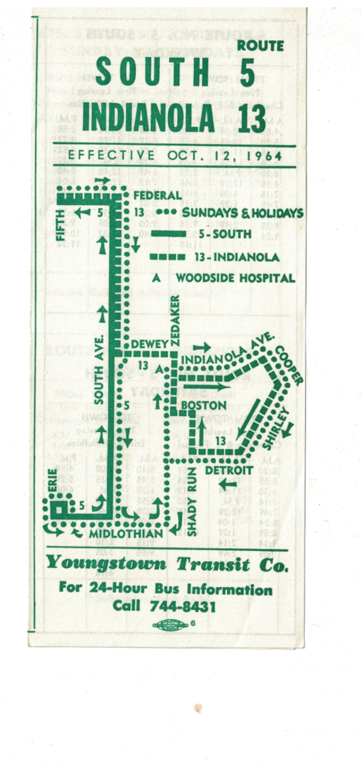 Vintage 1964 Youngstown OH Bus Schedule & Route Map Route 5 & 13