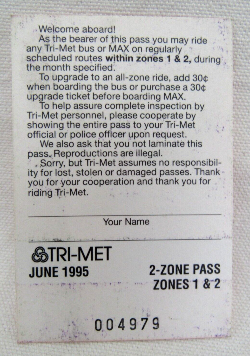 Vintage Tri-Met Bus & Max Light Rail June 1995 Monthly Pass Portland Oregon OR