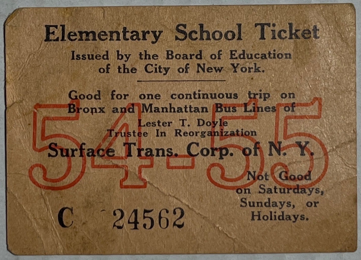 1954-55 NYC Elementary School Bus Ticket Surface Transportation Bronx Manhattan