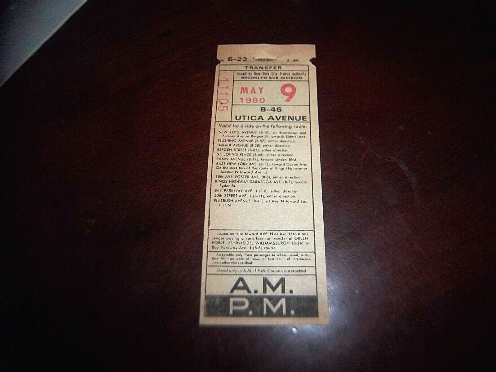 BROOKLYN NY NYC BUS TRANSFER MAY 9 1980 EAST NEW YORK AVENUE FLATBUSH PITKIN AVE