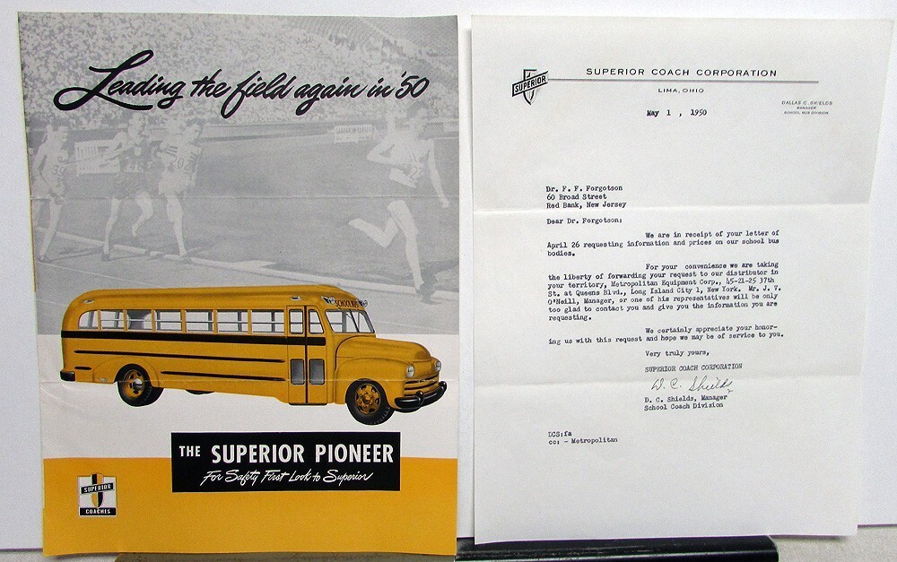 1950 Superior Pioneer School Bus Bodies Sales Brochure With Company Letter